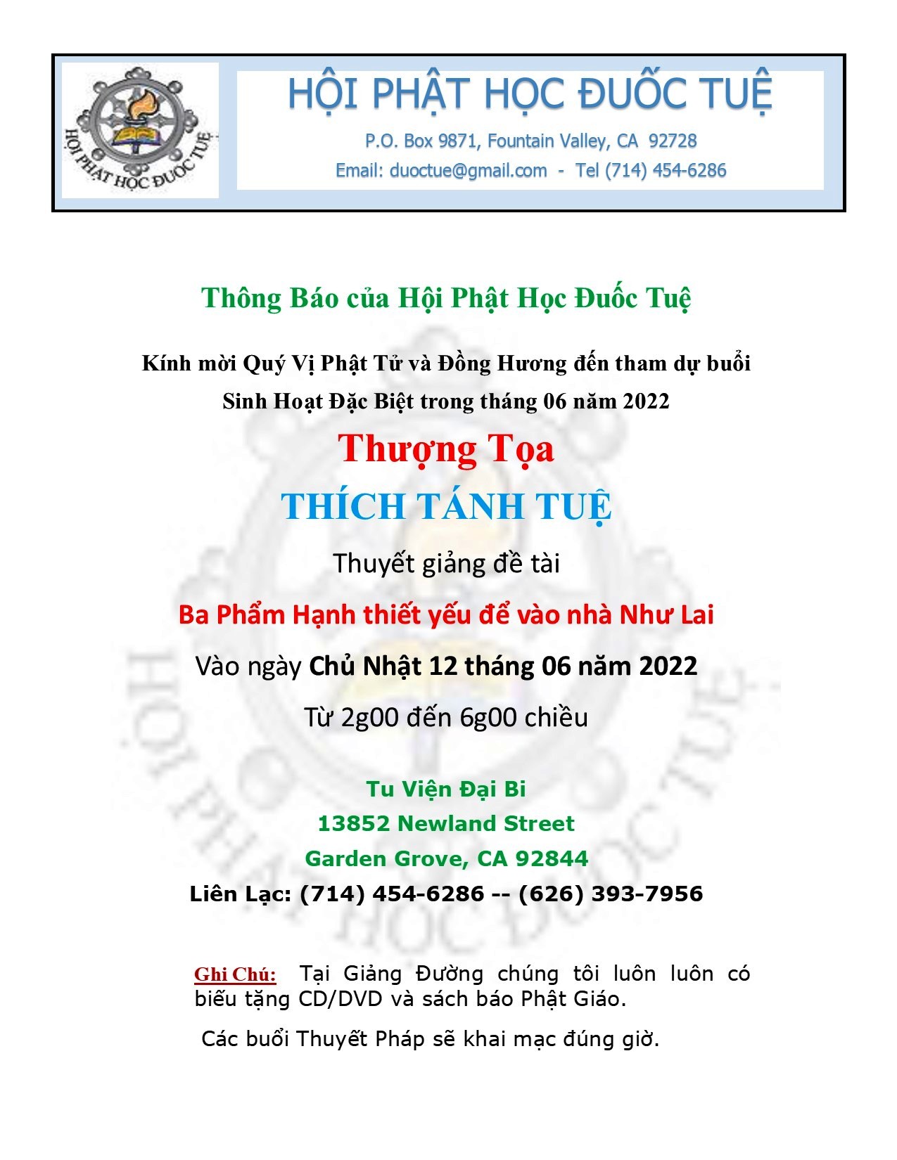 Hội Phật Học Đuốc Tuệ mời dự buổi thuyết giảng của TT Thích Tánh Tuệ ngày 12 tháng 6, 2022
