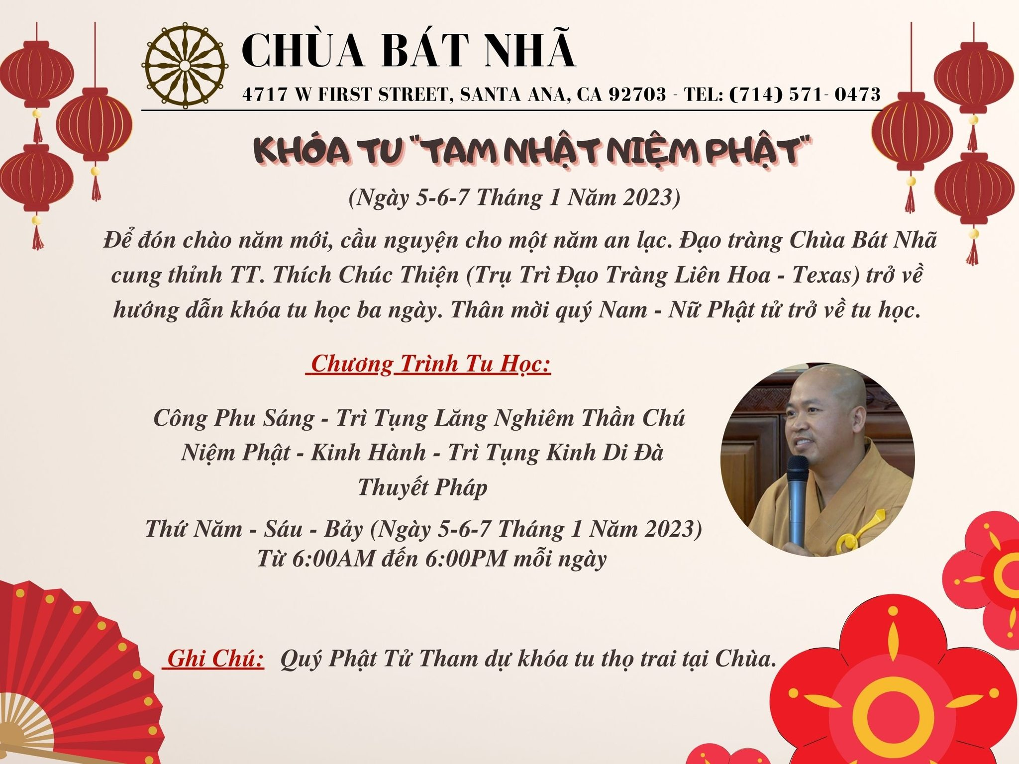 Khóa tu 'Tam Nhật Niệm Phật' tại Chùa Bát Nhã, Santa Ana với TT Thích Chúc Thiện từ Texas