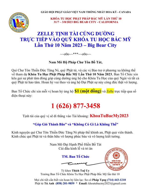 Kêu gọi đóng góp $1 bằng Zelle ủng hộ Khóa Tu Học Bắc Mỹ tại Big Bear, California 31/7 - 3/8/2023