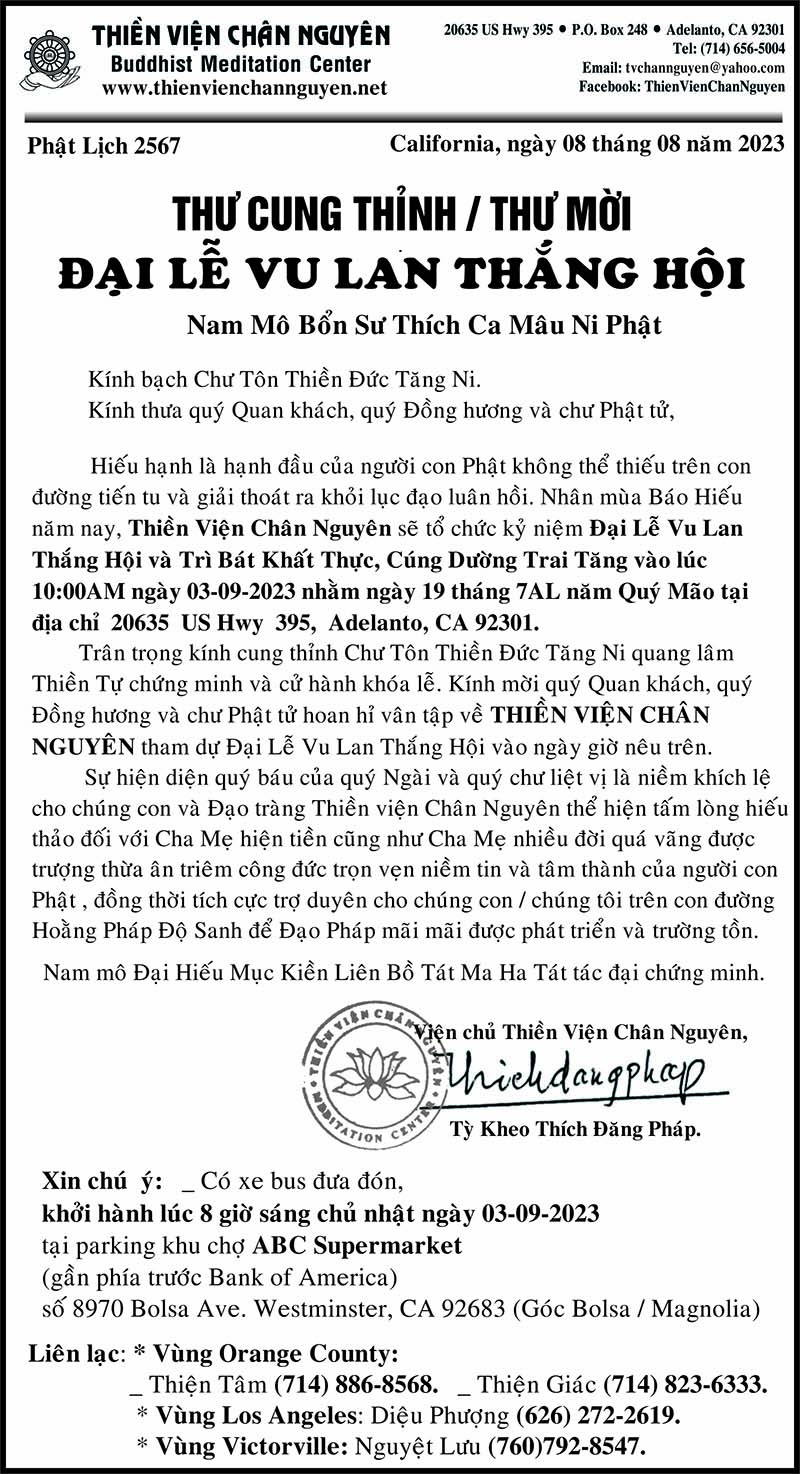 Thiền Viện Chân Nguyên tổ chức Đại Lễ Vu Lan sáng Chủ Nhật, 3 tháng 9, 2023