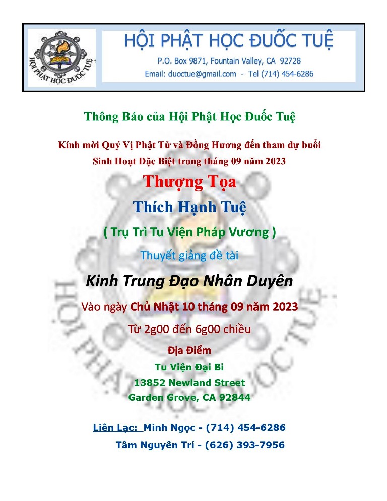 Thượng Tọa Thích Hạnh Tuệ giảng Kinh Trung Đạo Nhân Duyên, Chủ Nhật 10 tháng 9, tại Tu Viện Đại Bi