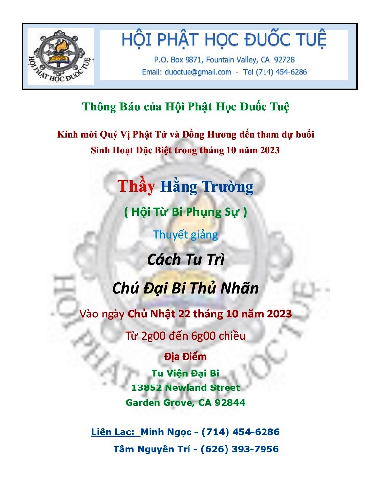 Hội Phật Học Đuốc Tuệ thông báo buổi giảng của Thầy Hằng Trường 22/10