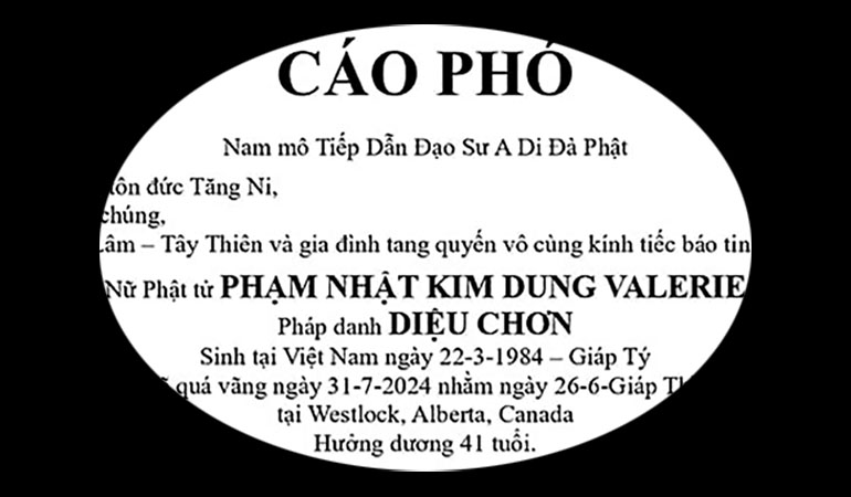 Cáo phó nữ Phật tử quá vãng tại Tu Viện Tây Thiên